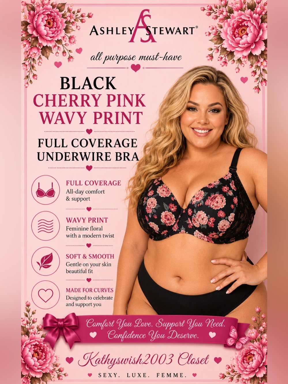 Ashley Stewart Black Floral Full Coverage Underwire Bra, Plus Size 46D NEW w/Tag